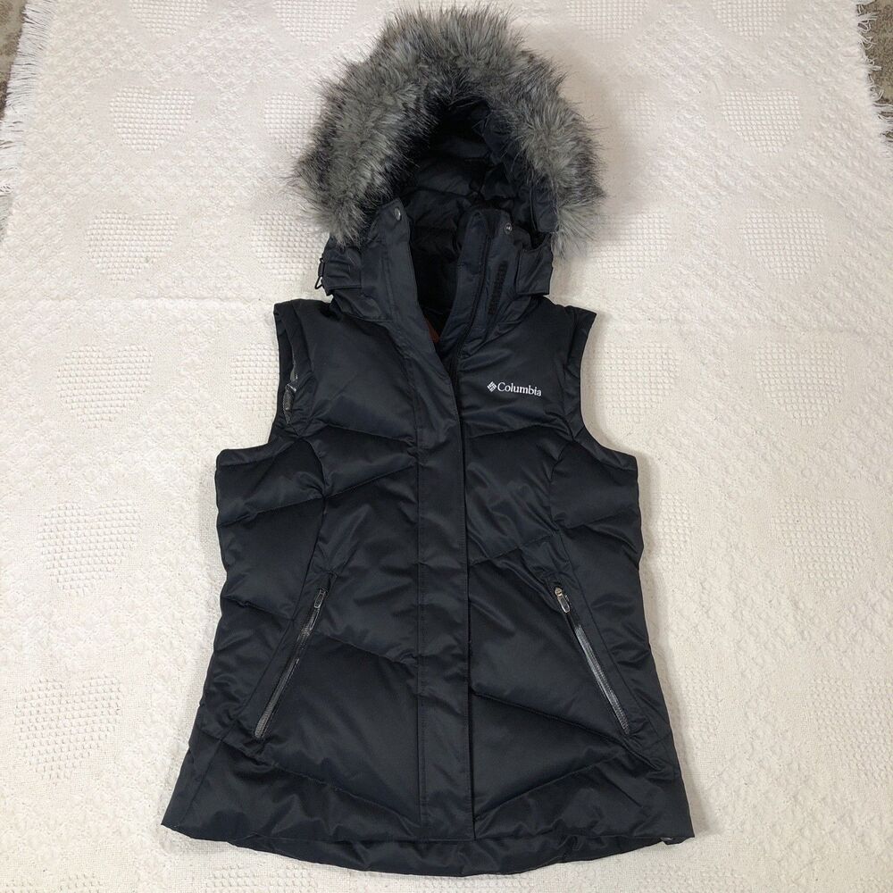 COLUMBIA OMNI HEAT WOMEN SZ Small BLACK PUFFER DOWN VEST/JACKET FAUX FUR HOOD
